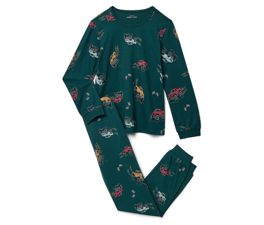 Zelené pyžamo s potlačou monster truckov.