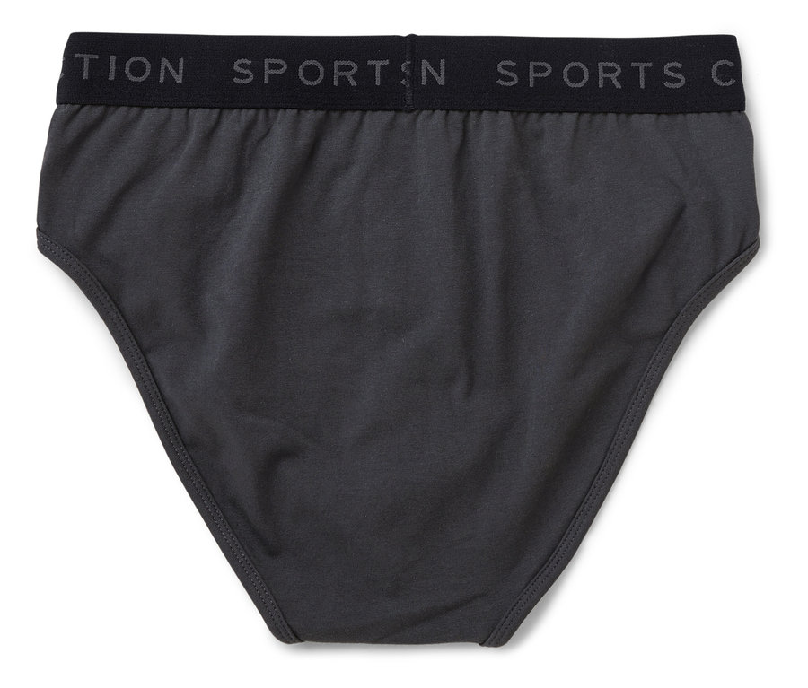Sivé pánske slipy s čiernou gumou s nápisom SPORTS.