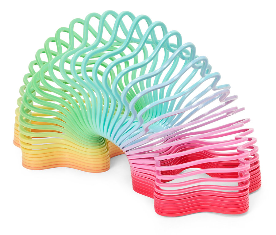 Špirálovitá hračka prechádzajúca od žltej cez zelenú a modrú až po ružovú a červenú.