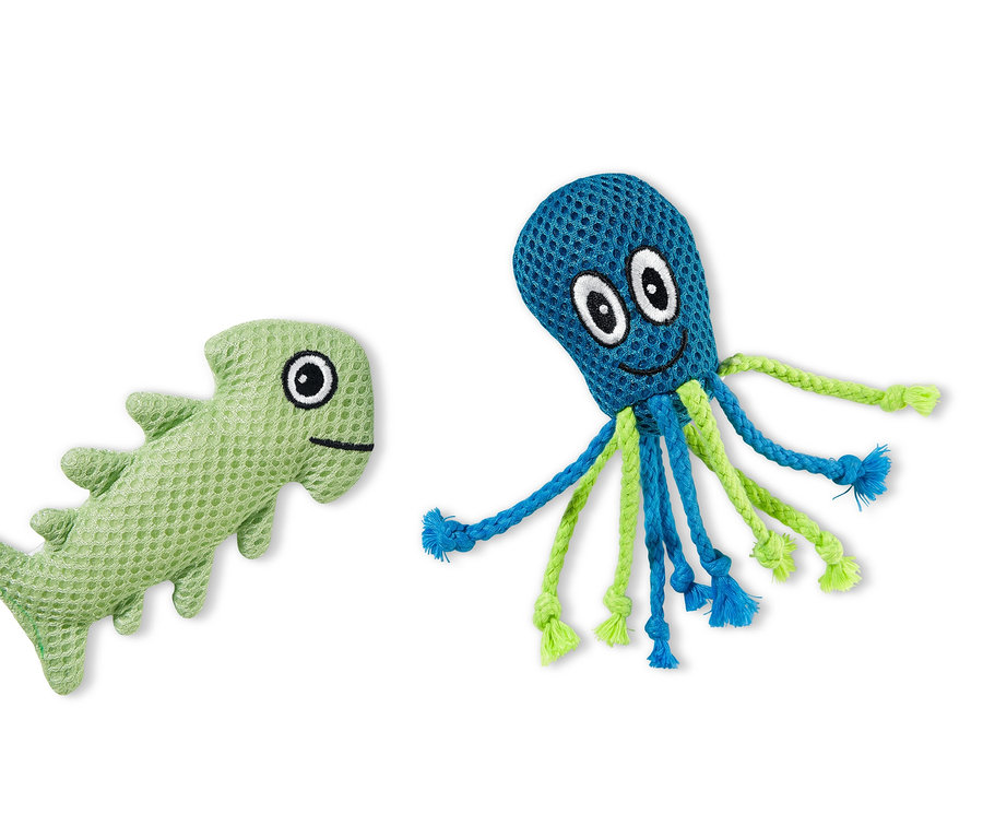 Dve hračky na čistenie zubov pre mačky: zelená ryba a modrá chobotnica.