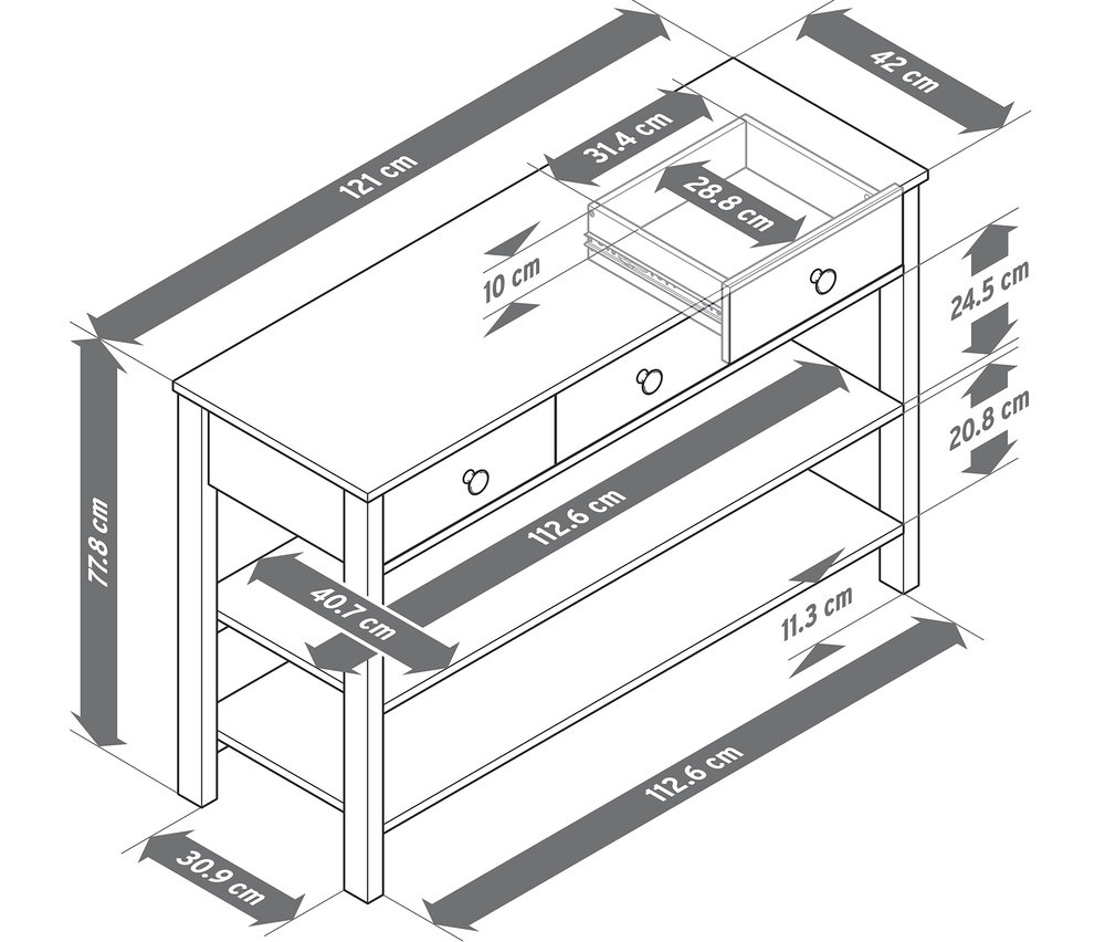 Rozmery príborníka so zásuvkami.