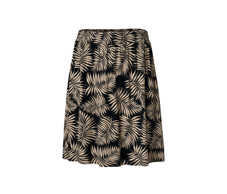Čierna džersejová sukňa s potlačou palmových listov.