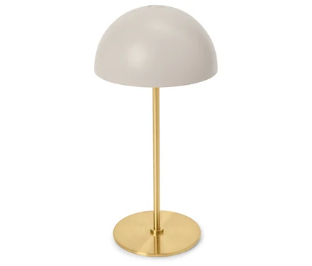 Stojaca lampa so svetlosivým okrúhlym tienidlom a zlatou nohou.