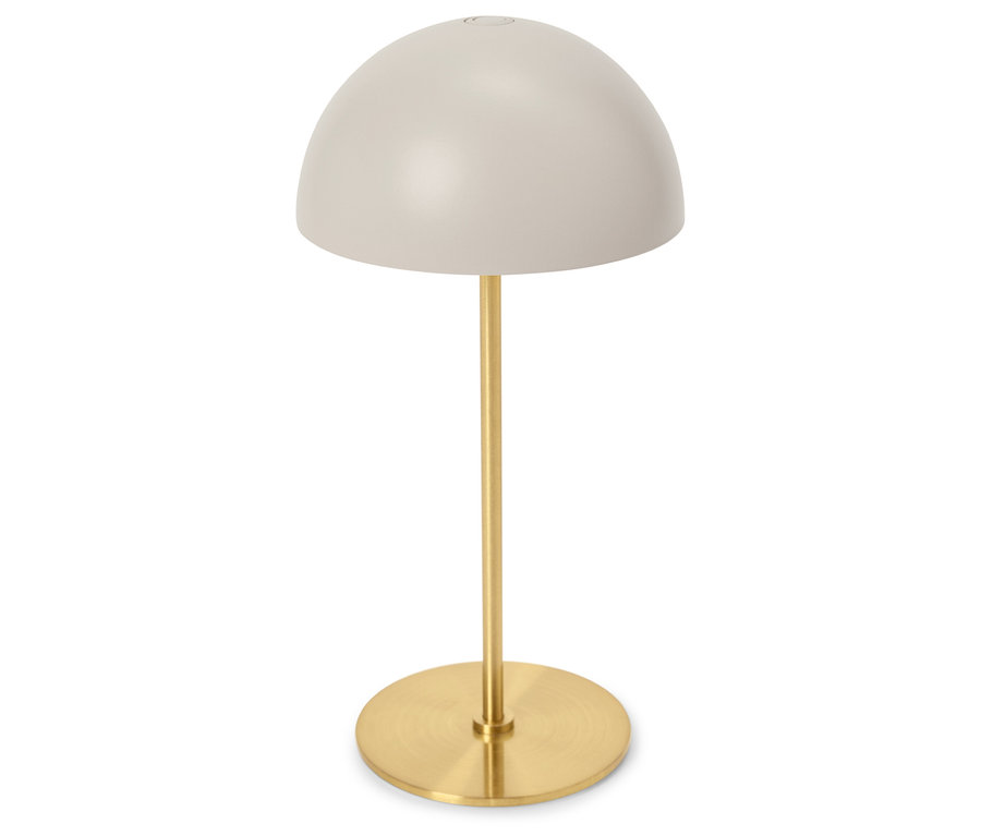 Stojaca lampa so svetlosivým okrúhlym tienidlom a zlatou nohou.