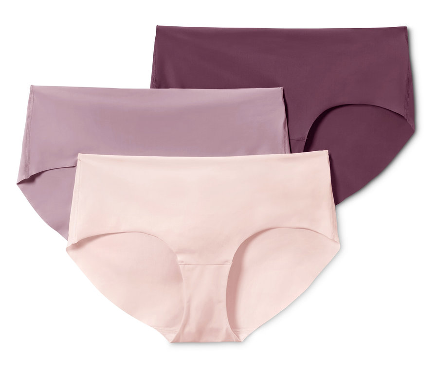 Tri páry dámskych nohavičiek vo farbách svetloružová, svetlofialová a tmavofialová.