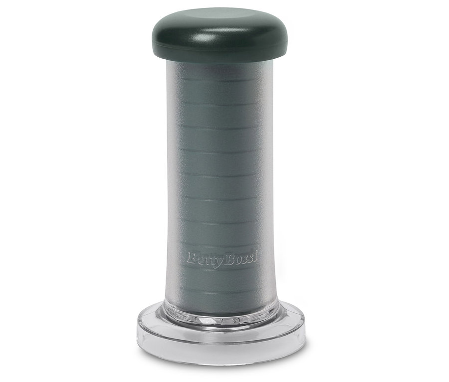 Striekačka na cesto Betty Bossi so sivou rukoväťou a priehľadným telom.