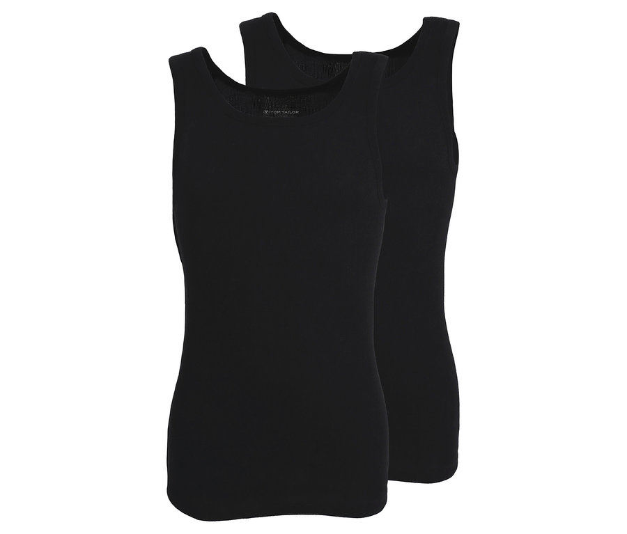 Dve čierne tielka »Montana« Tom Tailor naskladané na sebe.