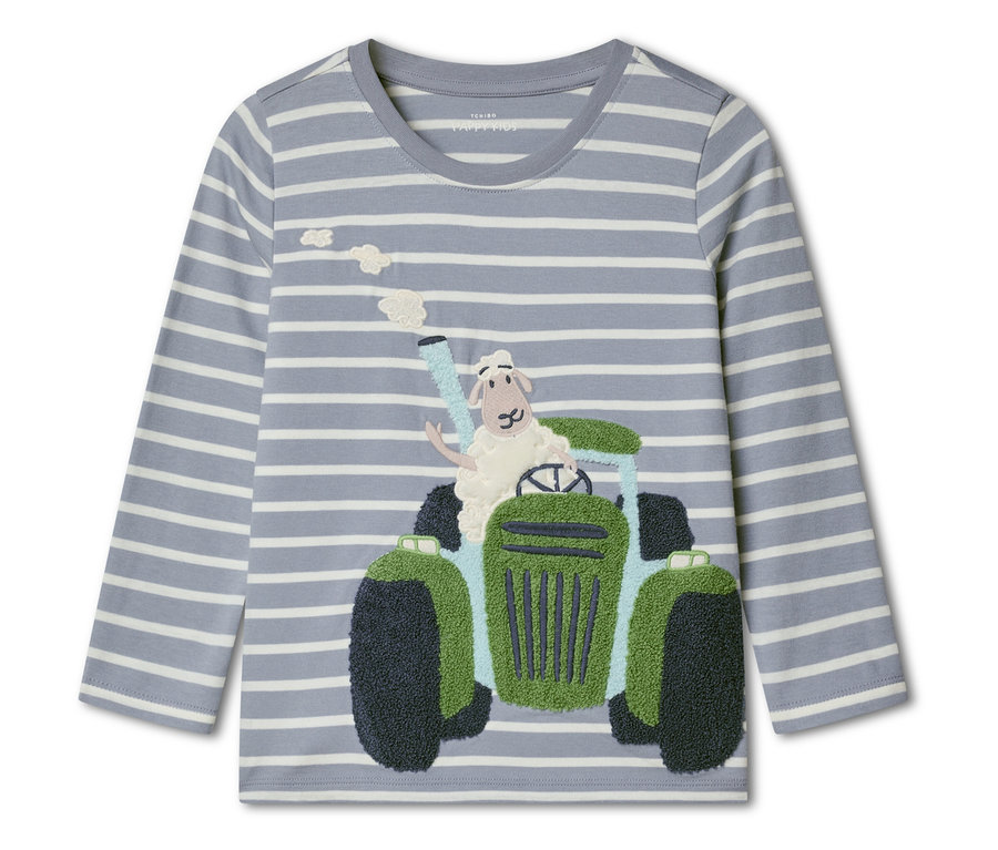 Tričko s dlhým rukávom so šedo-bielymi pruhmi s vyšívanou ovcou jazdiacou na zelenom traktore.