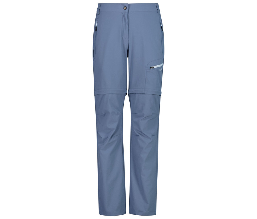 Na bielom pozadí sú modré, dlhé, čiastočne otvorené nohavice s vreckami.