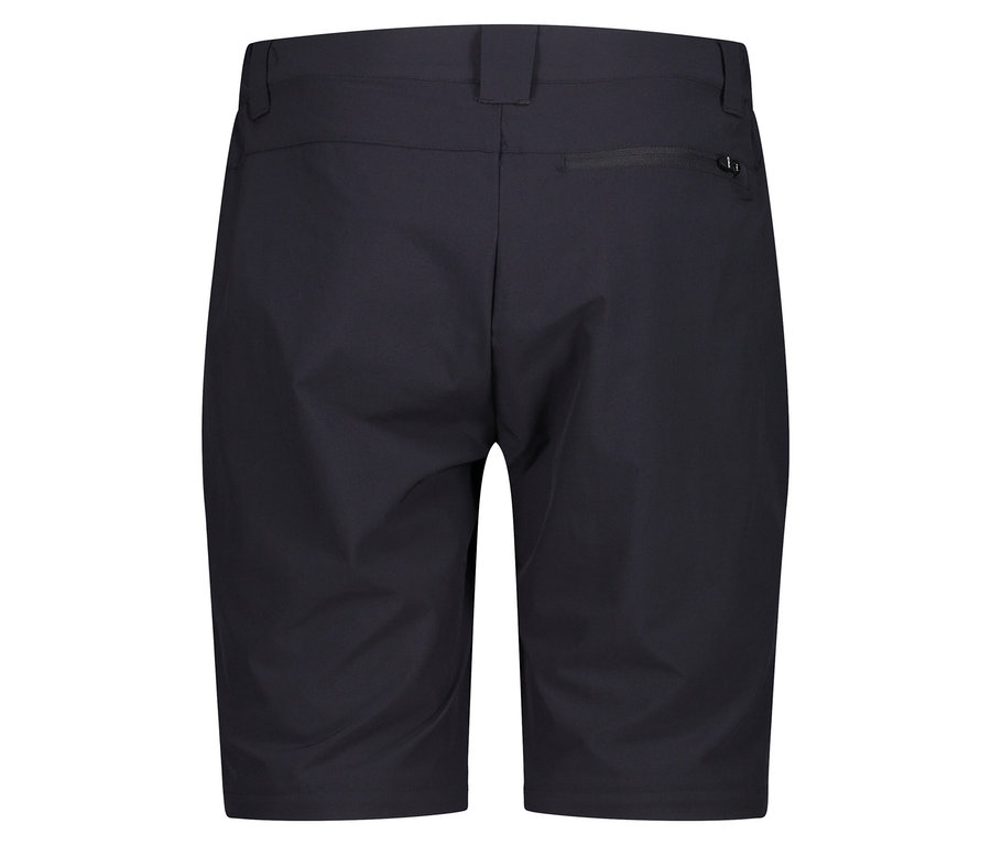 Detailný záber na zadnú časť čiernych šortiek s vreckom na zips.