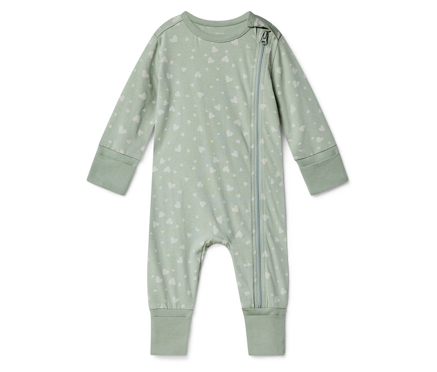 Svetlozelený dojčenský overal so zipsom po celej dĺžke a vzorom srdca.