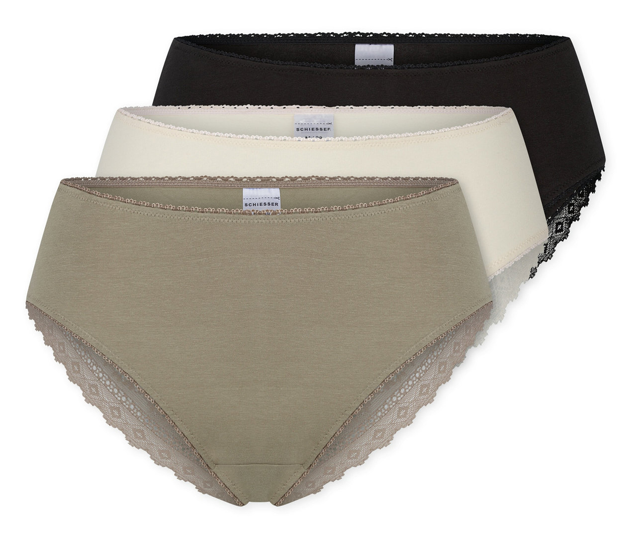 Tri kusy brazílskych nohavičiek SCHIESSER v čiernej, krémovej a olivovozelenej farbe, naskladané na sebe, s čipkovaným lemom.