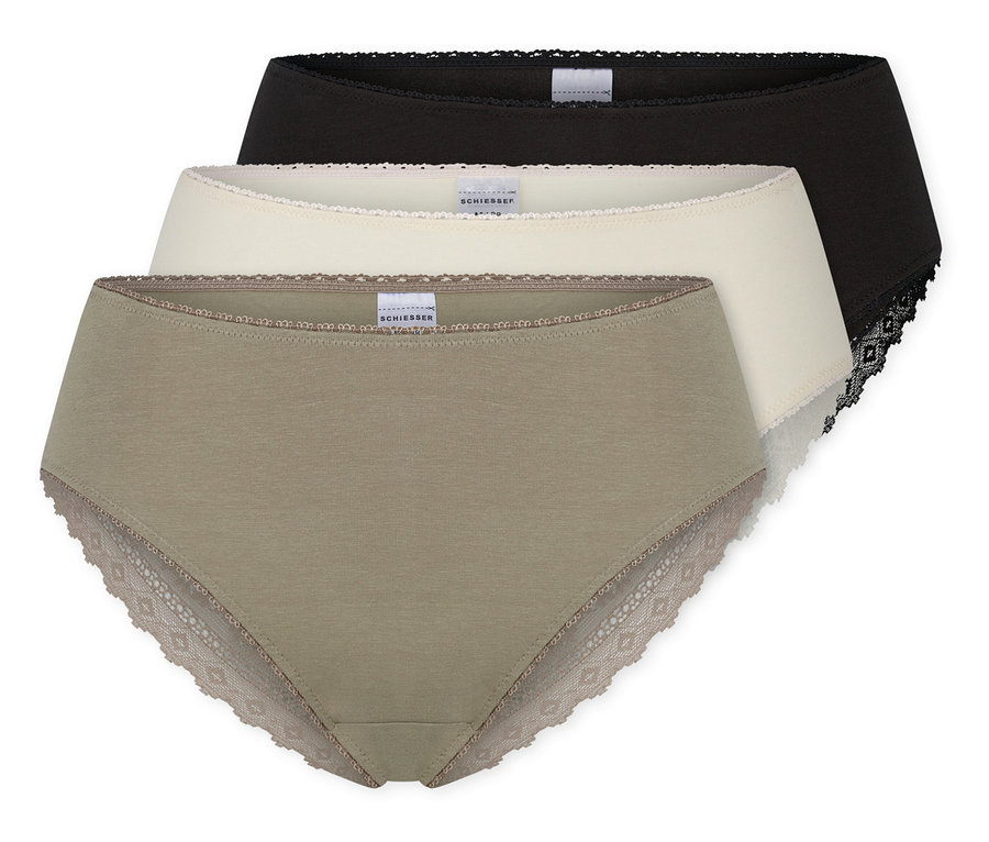 Tri kusy brazílskych nohavičiek SCHIESSER v čiernej, krémovej a olivovozelenej farbe, naskladané na sebe, s čipkovaným lemom.