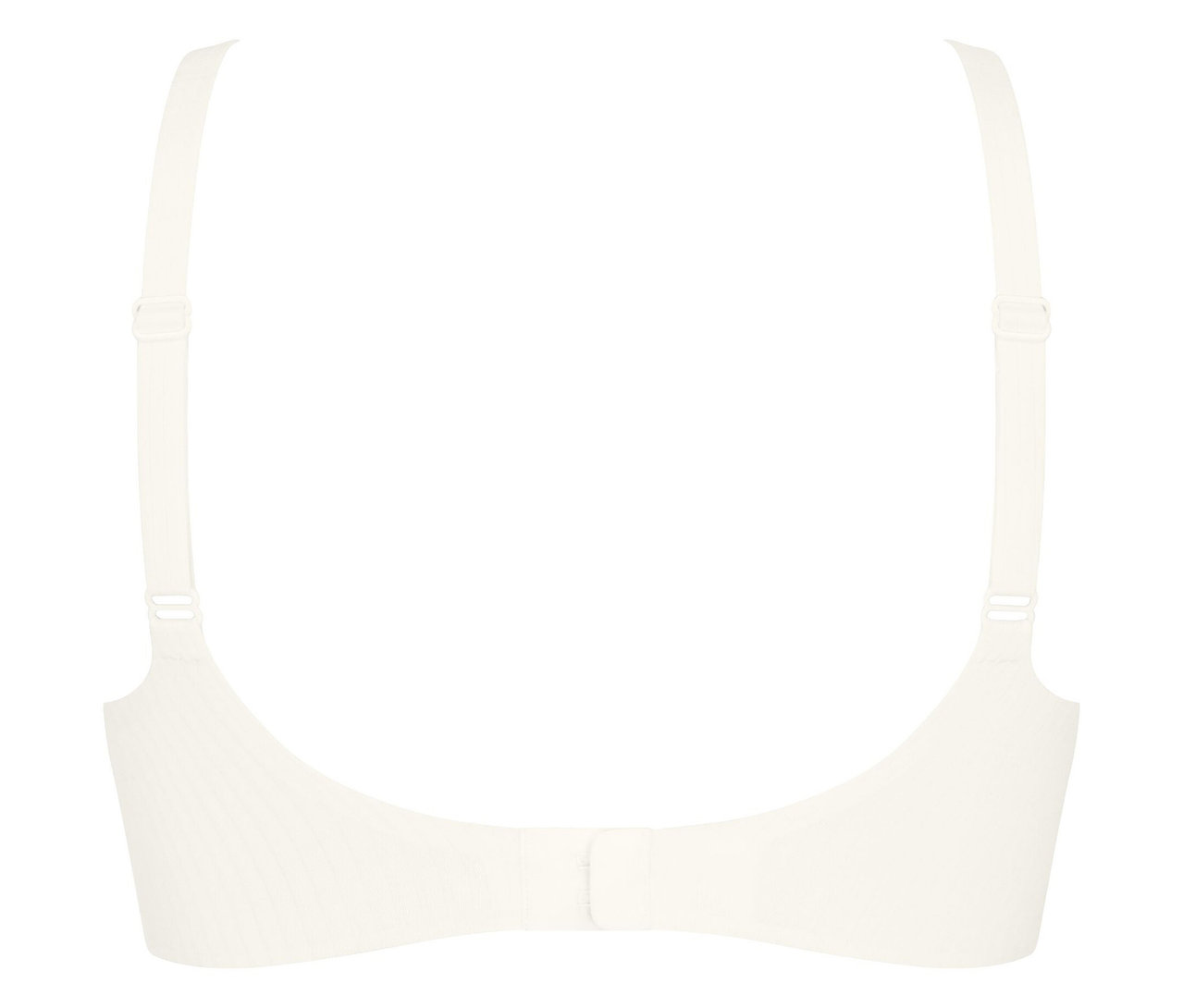 Pohľad zozadu na bielu podprsenku s nastaviteľnými ramienkami a háčikovým zapínaním.