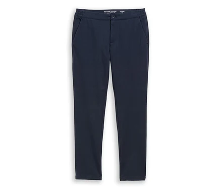 Tmavomodré tepláky Tom Tailor TTRUPERT Regular Smart Jogger s elastickým pásom a bočnými vreckami, položené naplocho.