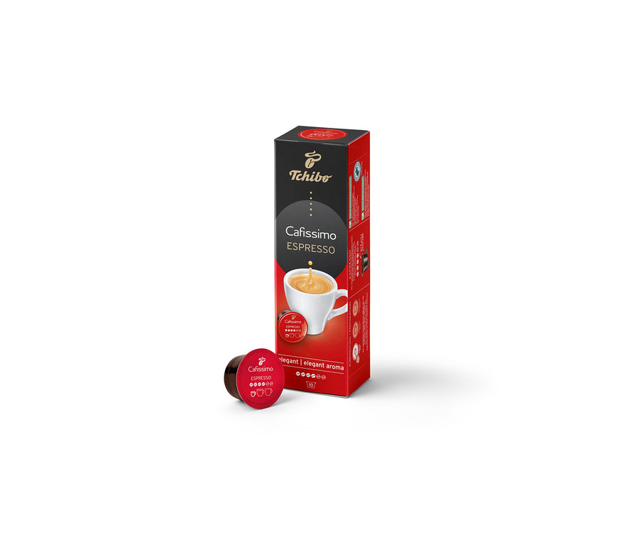 Balenie Cafissimo Espresso elegantné, 10 kapsúl a kapsula. Na obale je šálka s kávou.