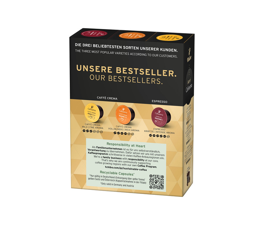 Balenie Cafissimo Best of Cafissimo 30 kapsúl s tromi príchuťami: Caffè Crema Mild Fine Aroma, Caffè Crema Vollmundig Rich Aroma a Espresso Kräftig Intense Aroma.