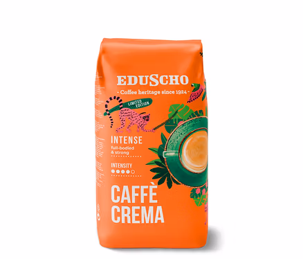 Oranžové balenie zrnkovej kávy Eduscho Caffè Crema Intense s obrázkom šelmy a šálky kávy.