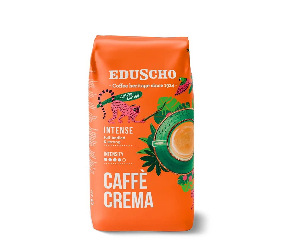 Oranžové balenie zrnkovej kávy Eduscho Caffè Crema Intense s obrázkom šelmy a šálky kávy.