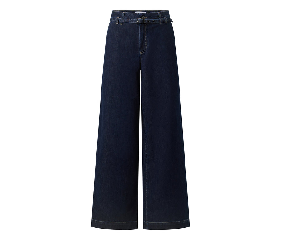 Tmavomodré, široké džínsy Angels Denim »Liva« Sleek s vysokým pásom a opaskom.