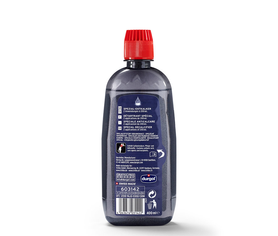 Fľaša odvápňovača durgol® špeciálny odvápňovač, 400 ml, s červeným uzáverom.