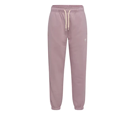 Tepláky hummel® »HMLJR Loose Sweatpants Bee« v matnej fialovej farbe s elastickým pásom, svetlobéžovou šnúrkou a manžetami na členkoch. Malé logo na pravom stehne.