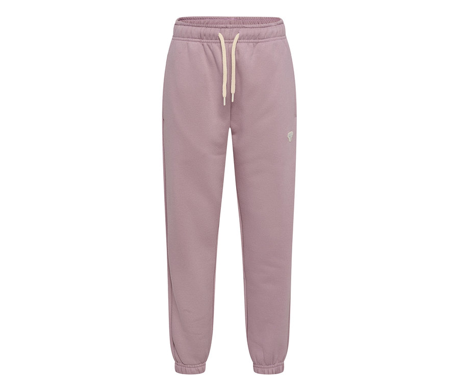 Tepláky hummel® »HMLJR Loose Sweatpants Bee« v matnej fialovej farbe s elastickým pásom, svetlobéžovou šnúrkou a manžetami na členkoch. Malé logo na pravom stehne.