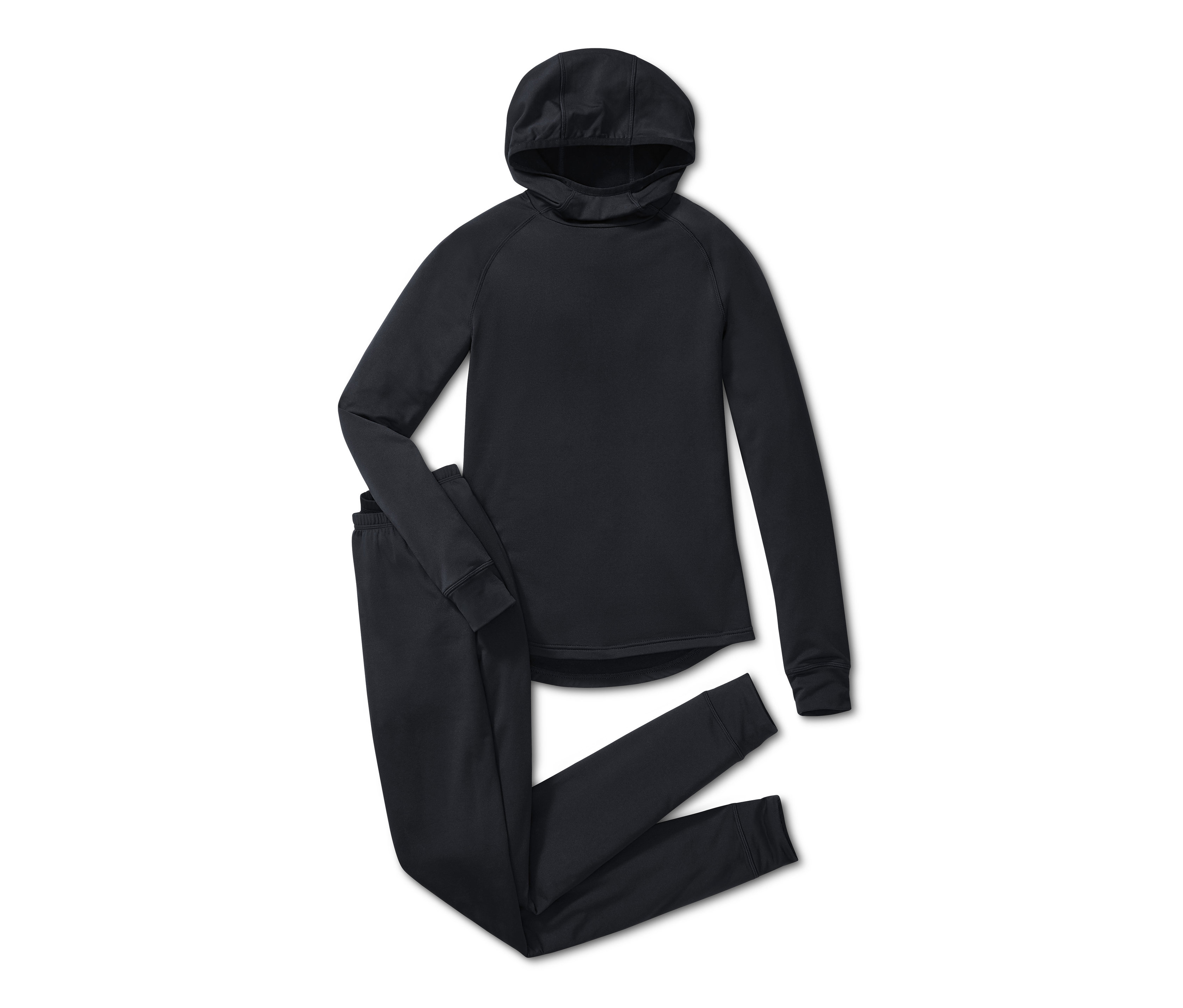 Čierna funkčná spodná termobielizeň s kapucňou a dlhými nohavicami.