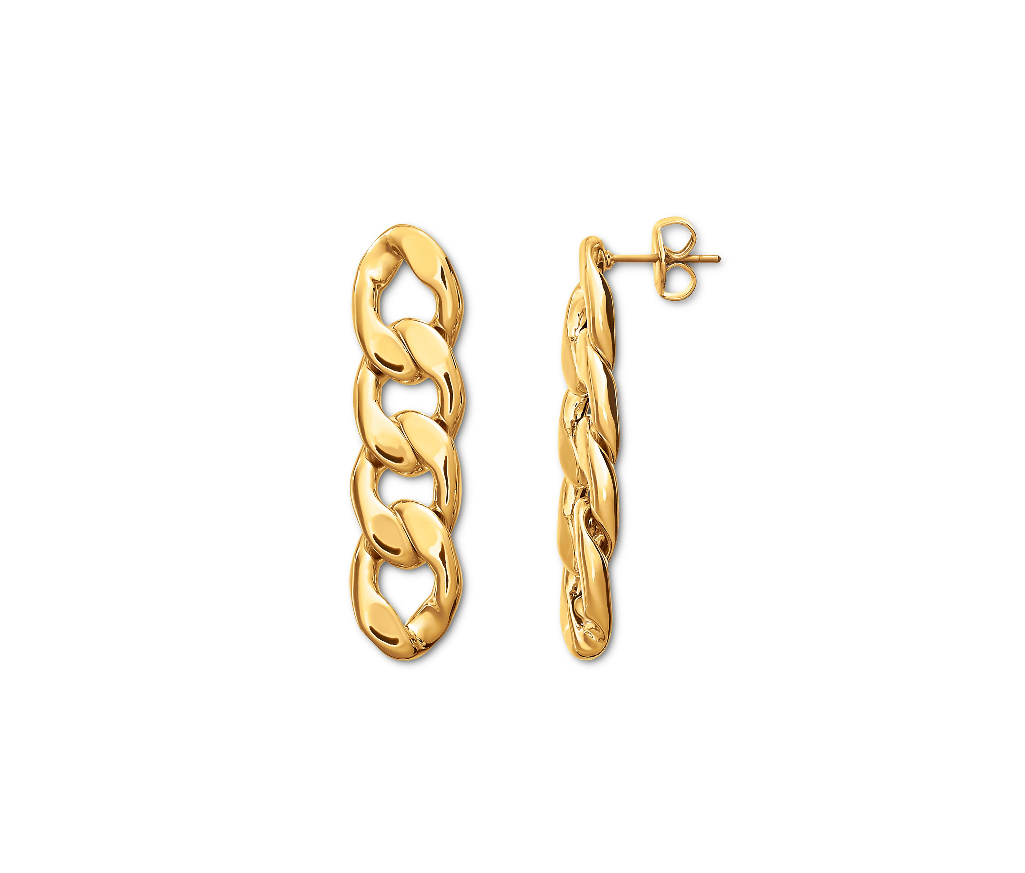 Dvoje zlaté náušnice visiace na bielom pozadí.