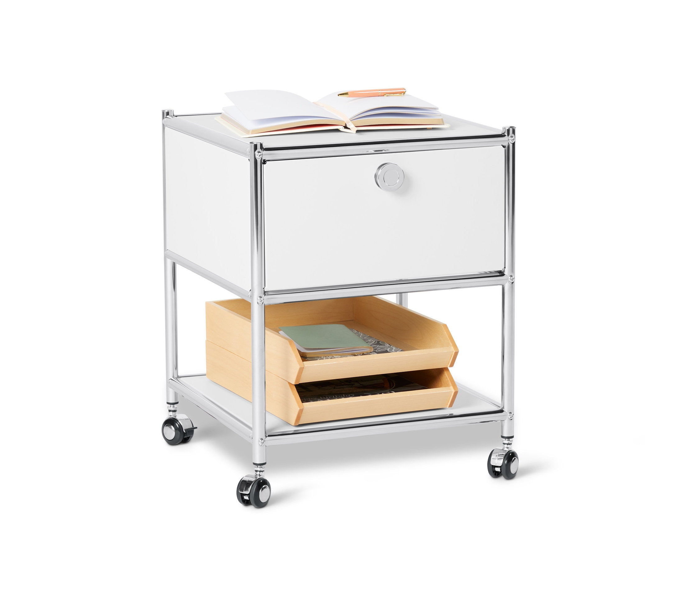 Biely kovový odkladací stolík »CN3« so zásuvkou a kolieskami. Na stolíku leží otvorená kniha.