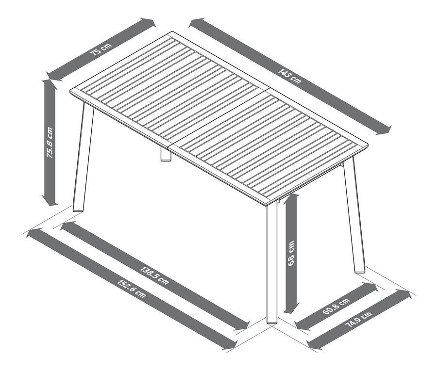Ilustrácia rozkladacieho záhradného stola s rozmermi cca 143/203 cm s vyznačenými rozmermi.