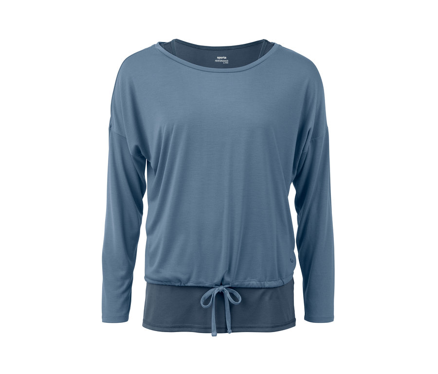 Modré športové tričko 2 v 1 s dlhým rukávom a sťahovacou šnúrkou v páse.