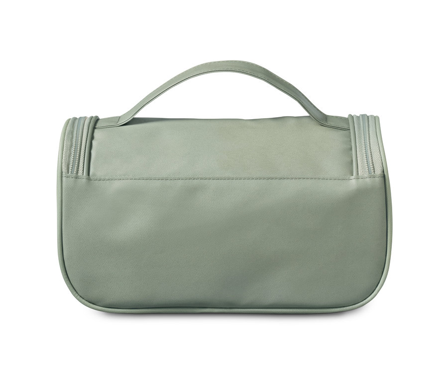 Zelená toaletná taštička s uchom a zipsami.