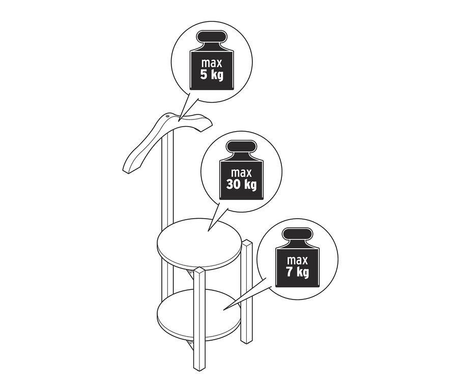 Čiernobiela kresba nemého sluhu s dvoma okrúhlymi policami a vešiakom. Popisky uvádzajú maximálnu nosnosť políc a vešiaka.
