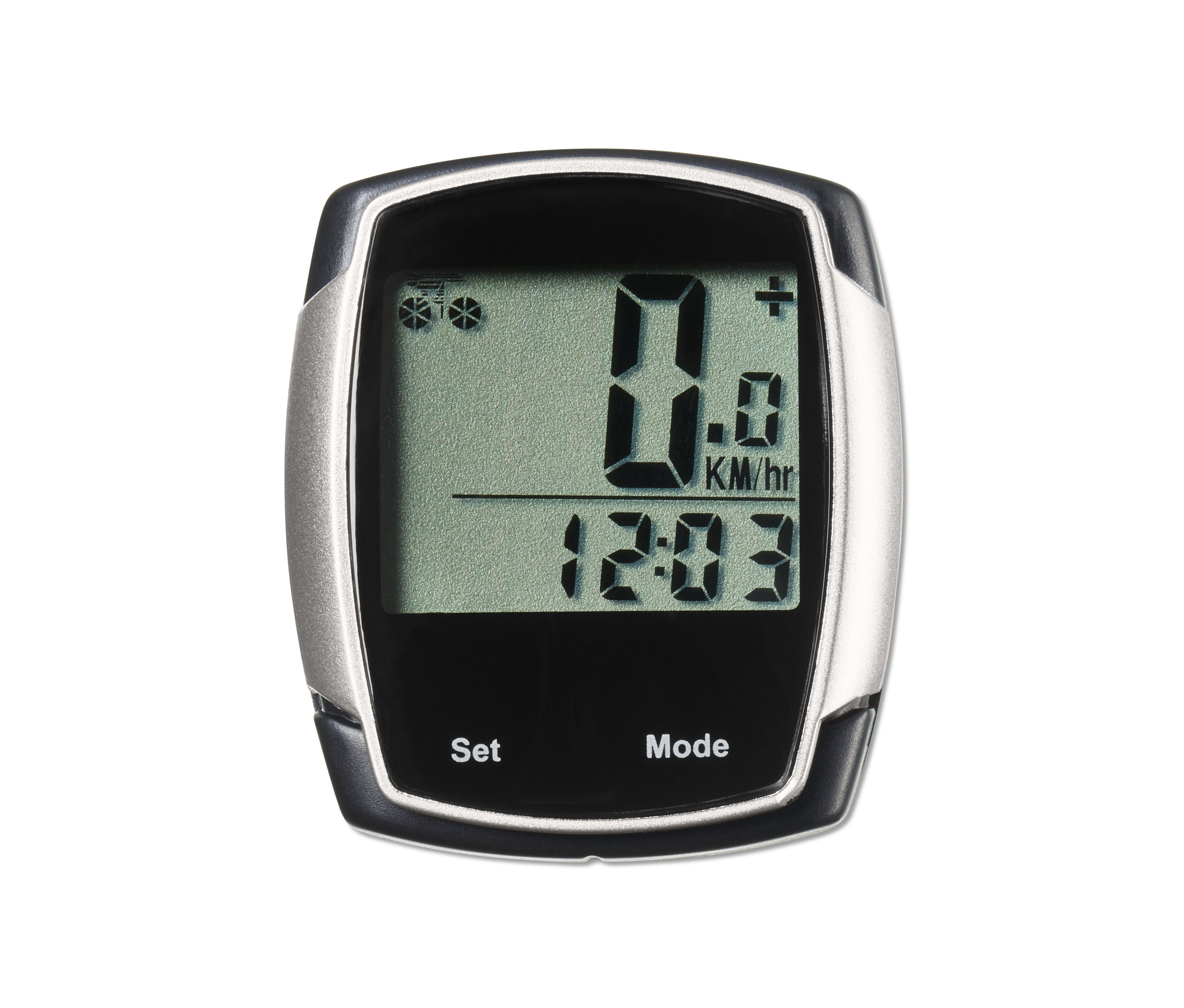 Detailný záber na čierny a strieborný cyklistický počítač zobrazujúci 0,0 km/h a čas 12:03.