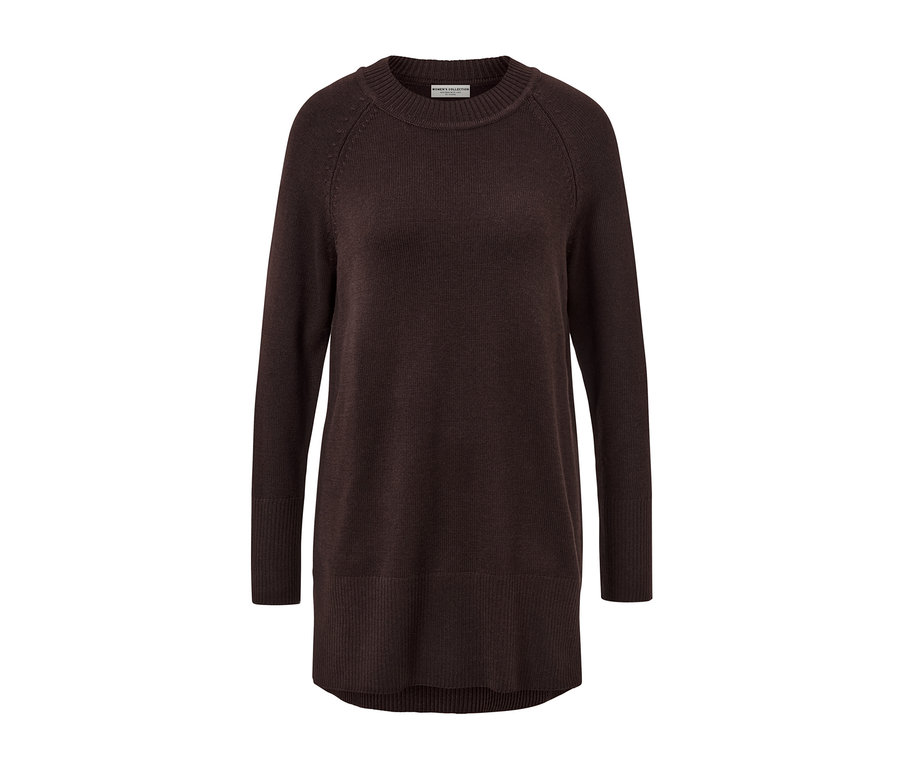 Dlhý pletený pulóver, tmavohnedý.