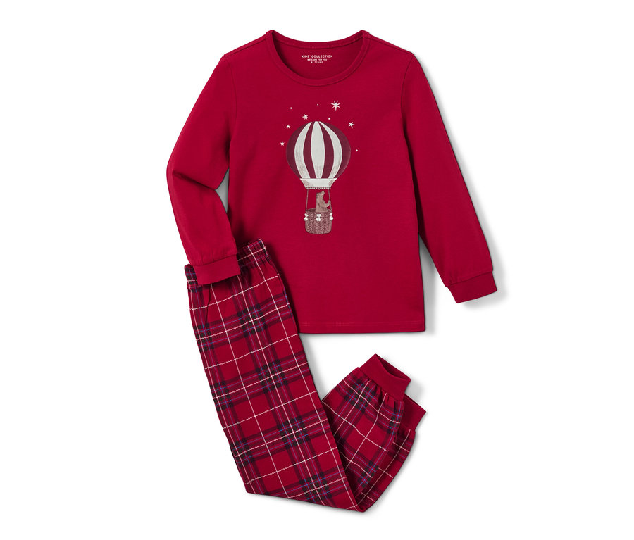 Červené detské pyžamo »Ballon«, glow in the dark. Na pyžame je obrázok teplovzdušného balóna.