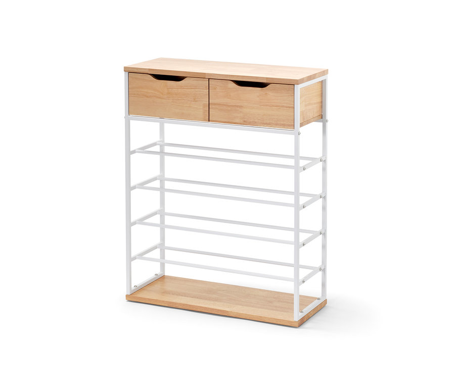 Regál na topánky so zásuvkami s drevenými zásuvkami a bielym rámom.