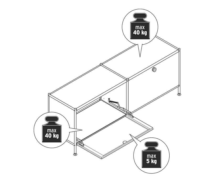 Nízky kovový stolík »CN3« s 2 výklopnými dvierkami, jedny otvorené. Maximálne zaťaženie vrchnej časti 40 kg, vnútra 5 kg.