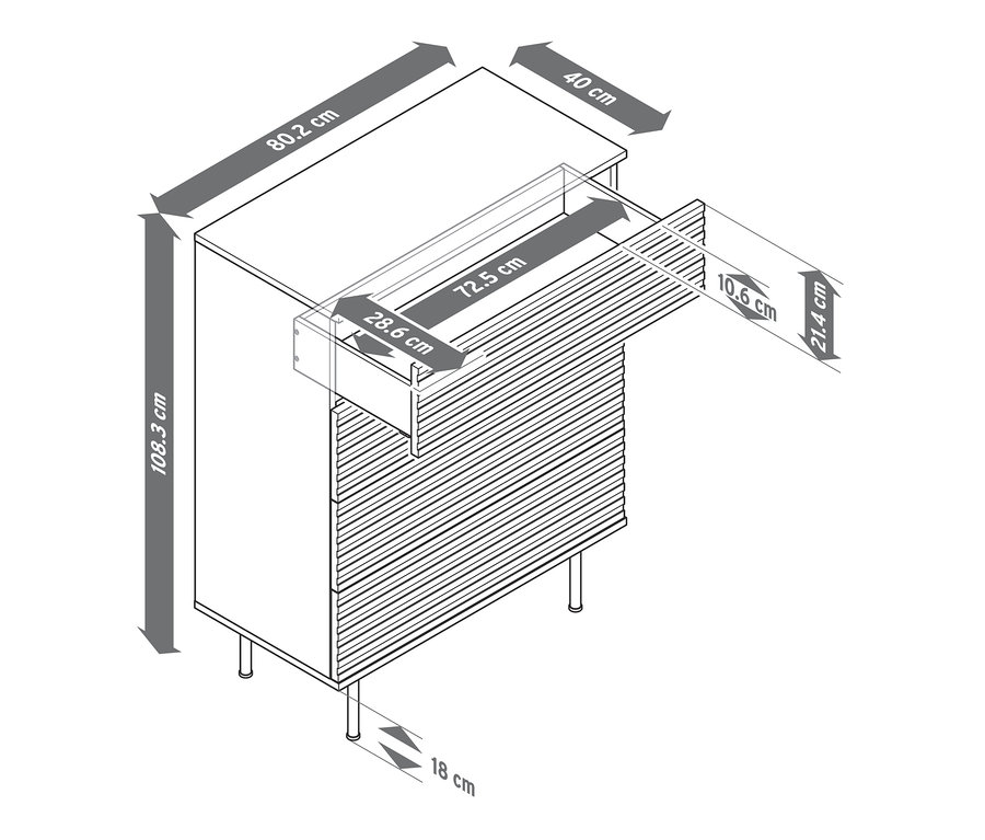 Náčrt komody »Finnsbo« s lamelovým vzhľadom a rozmermi.