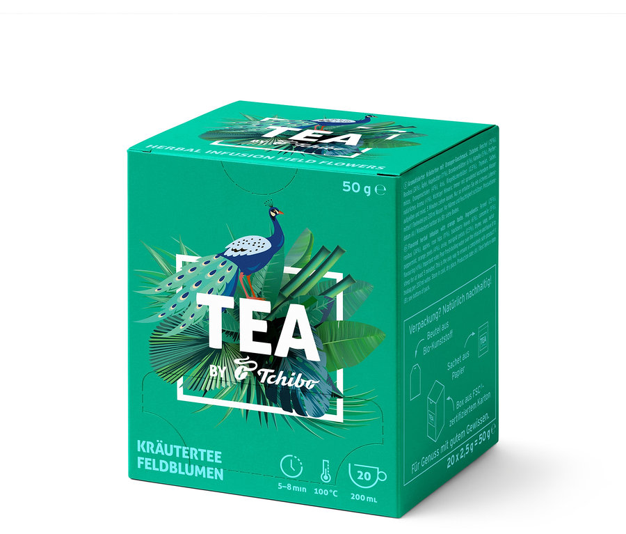 Zelené balenie bylinného čaju s poľnými kvetmi s príchuťou pomaranča – 8 x 20 čajových vrecúšok s motívom páva.
