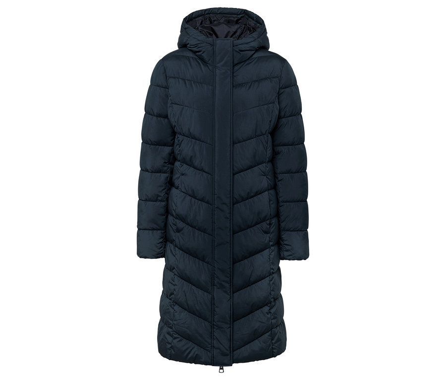 Tmavo modrá prešívaná bunda s kapucňou.