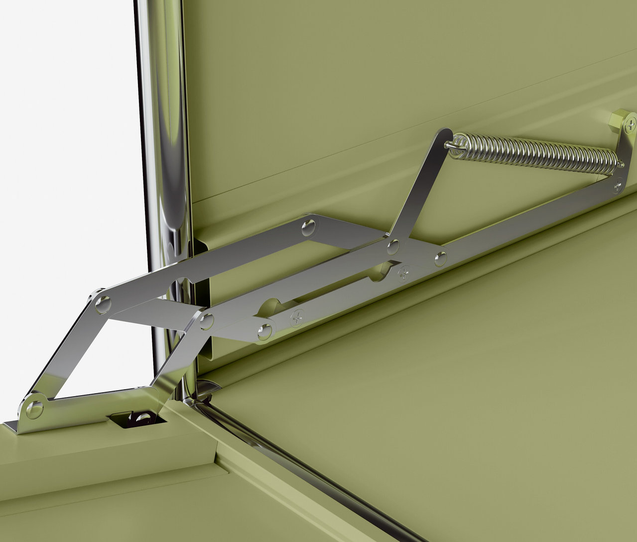 Detail vnútra otvorenej kovovej skrine s mechanizmom pružinového pántu.