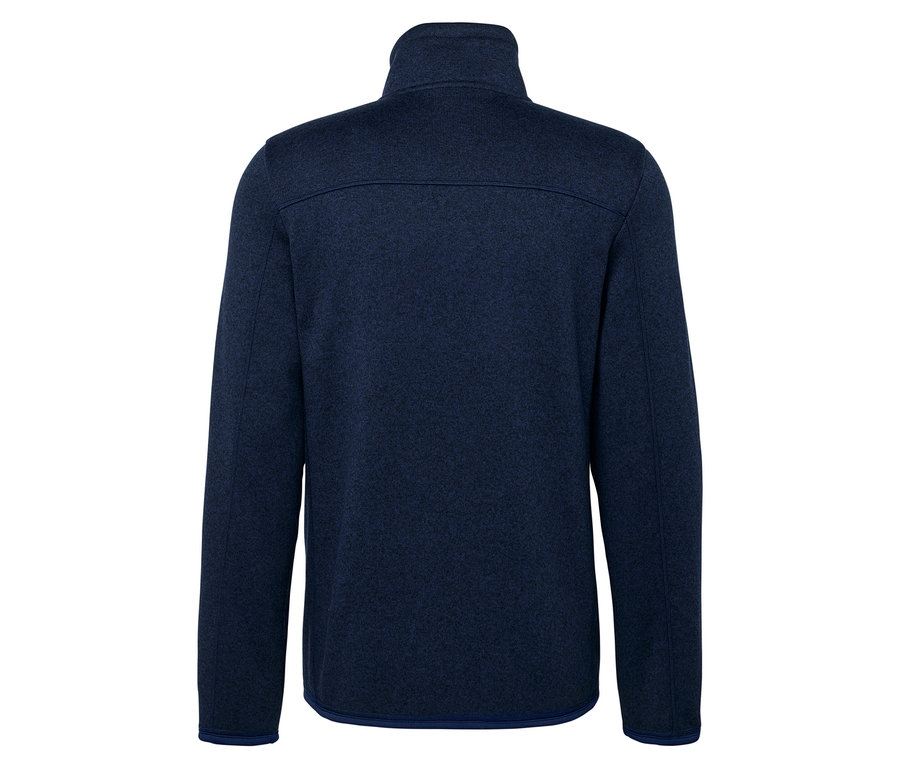 Tmavo modrá flísová bunda s krátkym zipsom a dlhými rukávmi, pohľad zozadu.