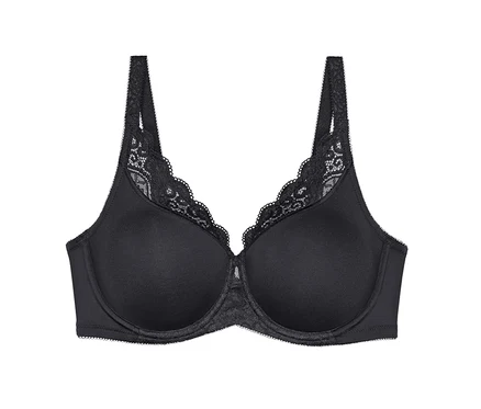 Čierna podprsenka Triumph Amourette Minimizer s čipkou na dekolte a ramienkach.