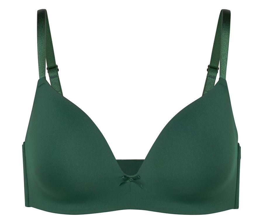 Zelená podprsenka s kosticami a mašličkou v strede.