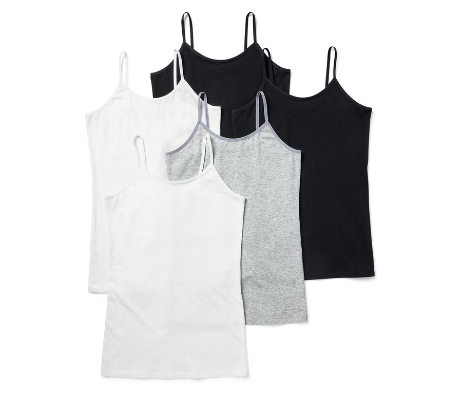 Päť tielok v bielej, šedej a čiernej farbe. Tielka majú tenké ramienka.