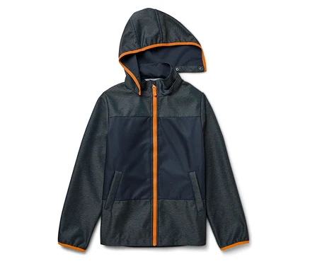 Detská softshellová bunda s kapucňou v tmavomodrej a sivej farbe s oranžovými detailmi.