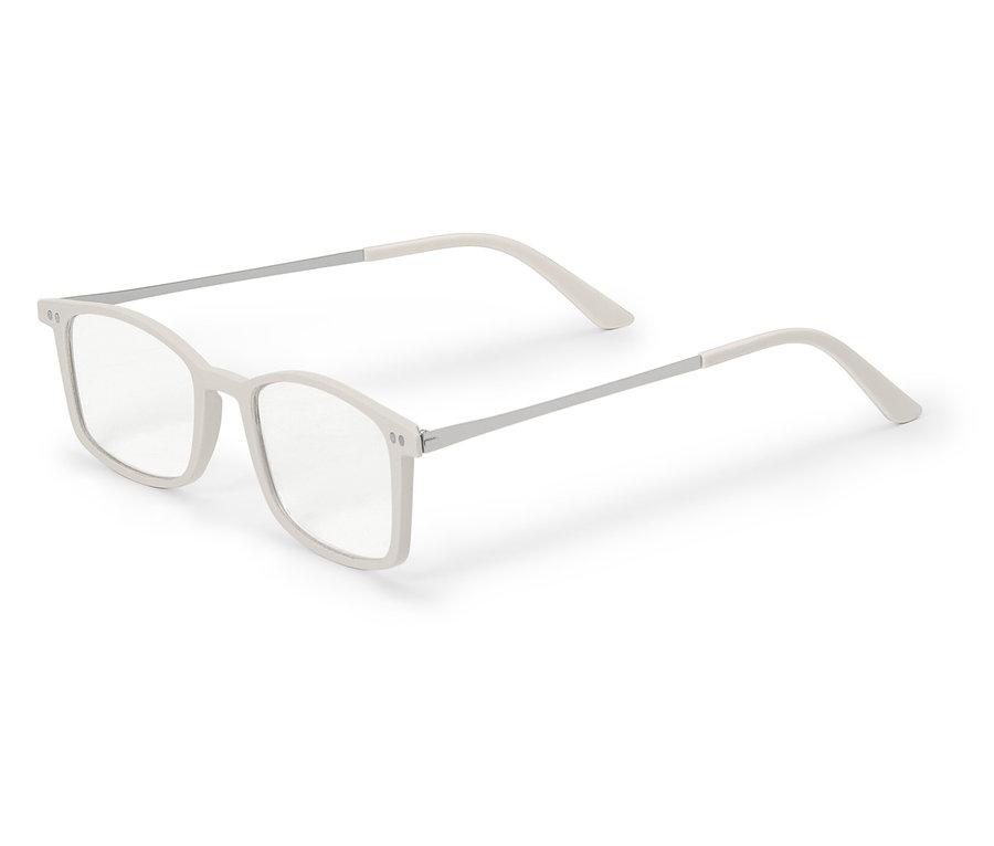 Biele okuliare s obdĺžnikovými sklami na bielom pozadí.