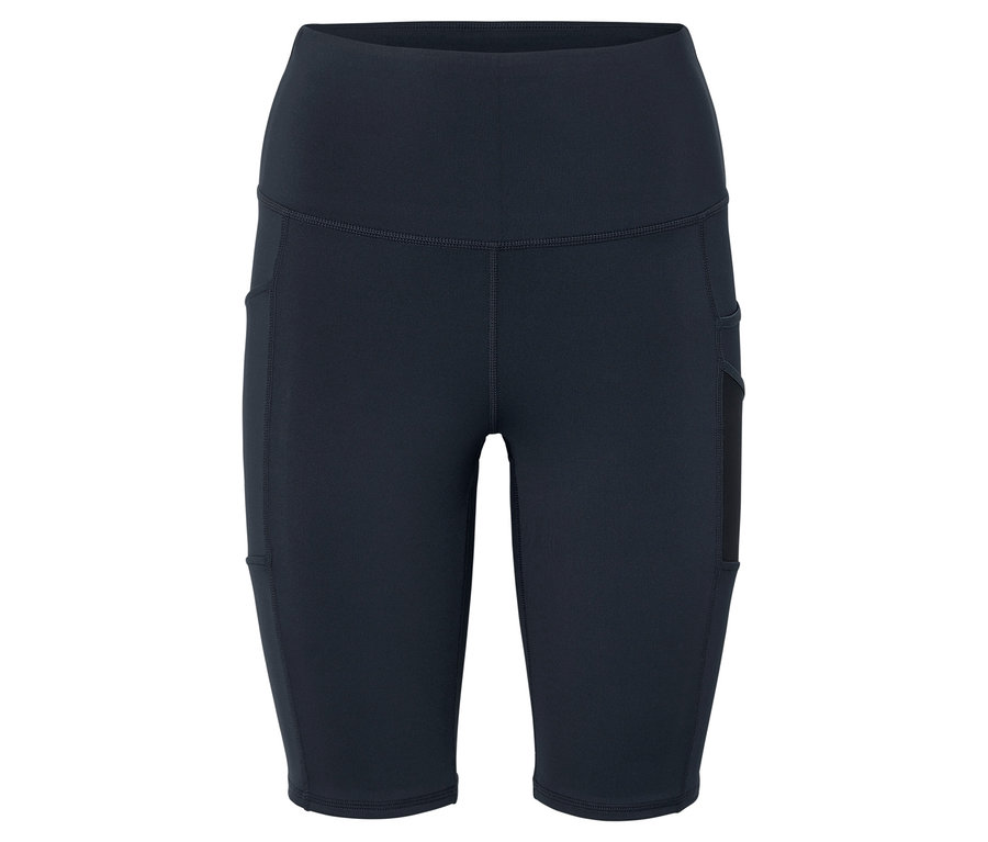 Čierne legíny po kolená s vysokým pásom a vreckami na stehnách.